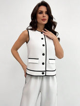 Women Contrast Trim Button Sleeveless Top And High Waist Pants